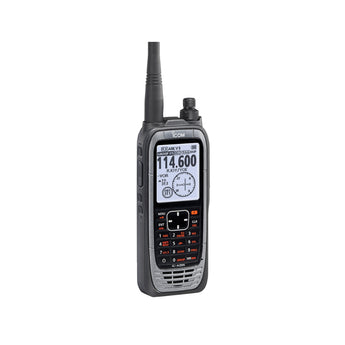 Icom A25n aviation portable two-way radio with display and control buttons, designed for in-flight communication.