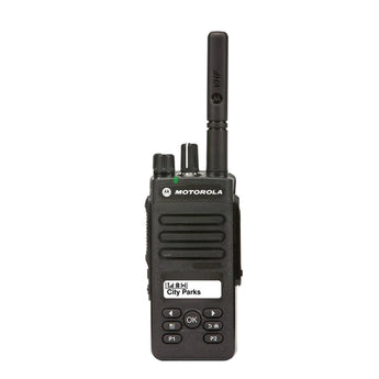 Motorola DP2600e portable two-way radio with display and control knobs, black handheld communication device.