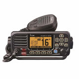 Black Icom M330 VHF marine portable two-way radio with control buttons and antenna for marine communication.
