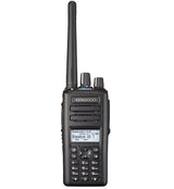 Kenwood NX3220e portable two-way radio with black casing and ergonomic design, featuring adjustable antenna and control knobs.