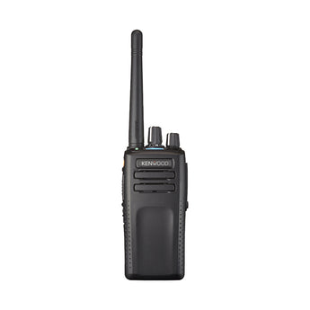 Kenwood NX3220e portable two-way radio with black body and antenna, showing buttons and display screen.