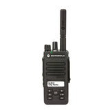 Motorola DP2600e portable two-way radio with display and control knobs, black handheld communication device.
